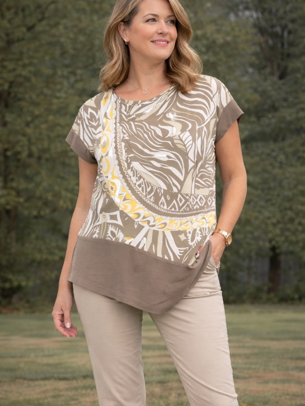 Chico's Asymmetrical Mixed Print Short Sleeve Top Size 2